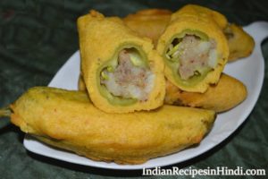 bharwa moti mirch pakora, hari mirch pakoda in Hindi, भरवां हरी मिर्ची पकोड़ा